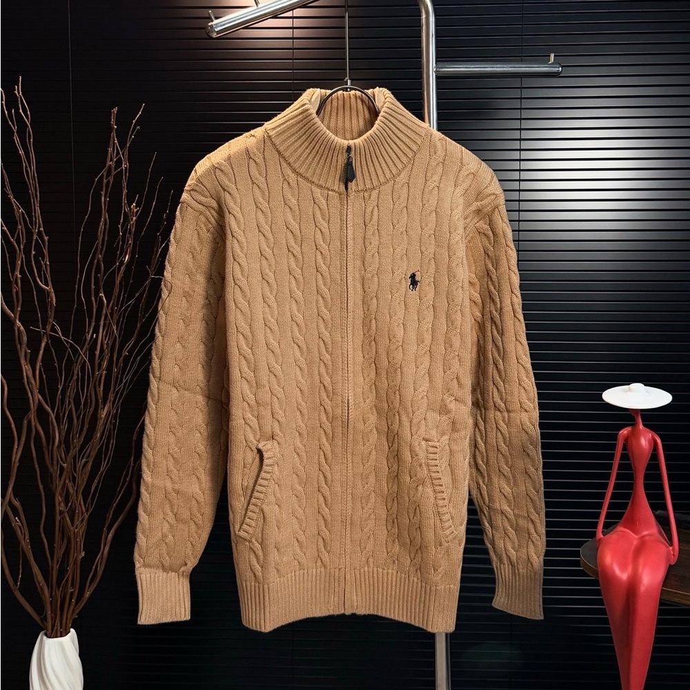 Ralph Lauren Tan Cable-Knit Full-Zip Sweater